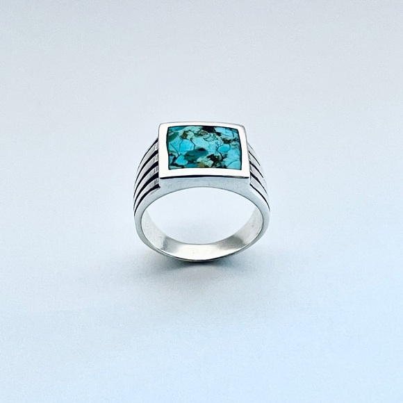 Sterling Silver Heavy Unisex Genuine Turquoise Ring, Statement Stone Rings - Picture 12 of 14